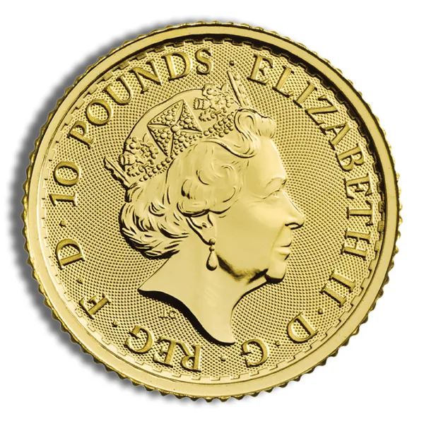 Gold ten-pound coin featuring a profile of Queen Elizabeth II, showcasing intricate design details and inscriptions.