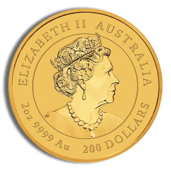 Gold coin featuring a profile of Queen Elizabeth II, inscribed with "Australia" and "200 Dollars," made of 24-karat gold (999.9 fine gold).