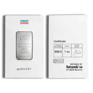 One ounce palladium bar from Credit Suisse, featuring a certificate of authenticity. The bar displays a fineness of 999.5 and is refined by Valcambi SA. The image shows both the front and back of the packaging.