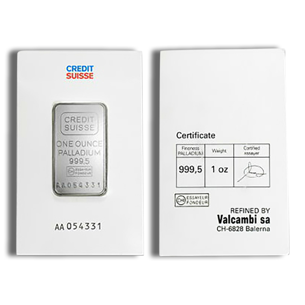 One ounce palladium bar from Credit Suisse, featuring a certificate of authenticity. The bar displays a fineness of 999.5 and is refined by Valcambi SA. The image shows both the front and back of the packaging.