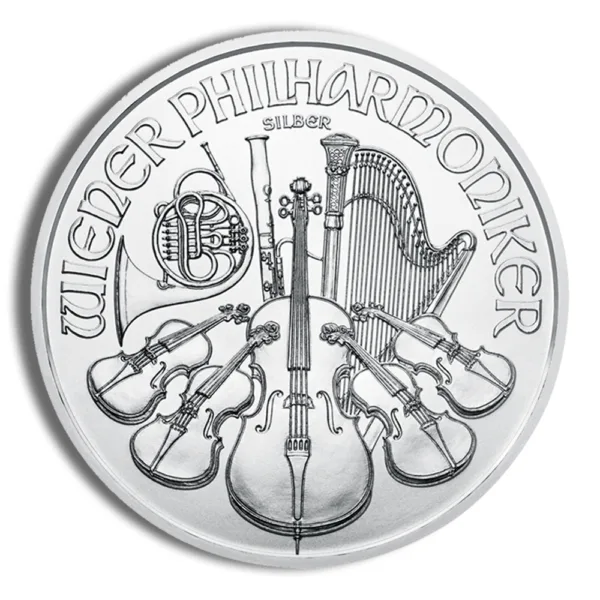 Silver coin featuring the Wiener Philharmoniker design, showcasing musical instruments like violins, a harp, and a French horn, with the inscription "Wiener Philharmoniker" prominently displayed.
