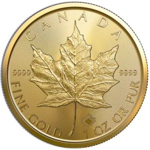 Gold Canadian Maple Leaf coin featuring a detailed maple leaf design, marked with "CANADA," "FINE GOLD," and "1 OZ OR PUR," indicating its purity of 9999.