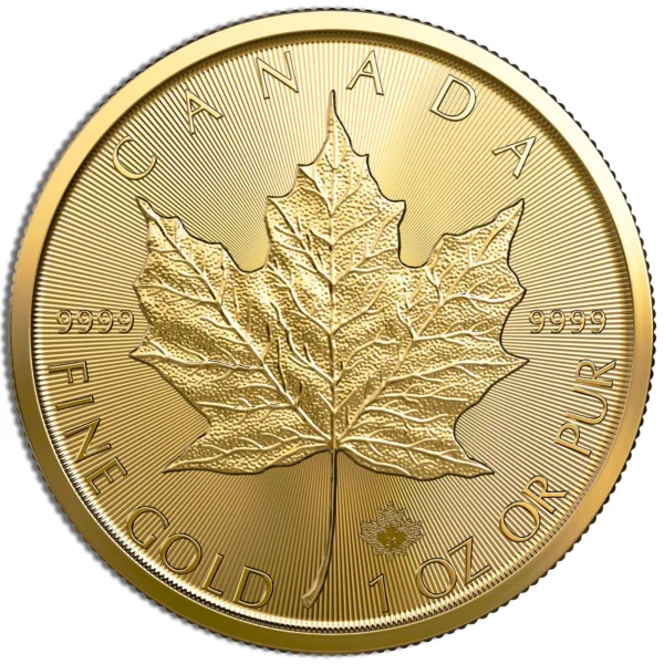 Gold Canadian Maple Leaf coin featuring a detailed maple leaf design, marked with "CANADA," "FINE GOLD," and "1 OZ OR PUR," indicating its purity of 9999.