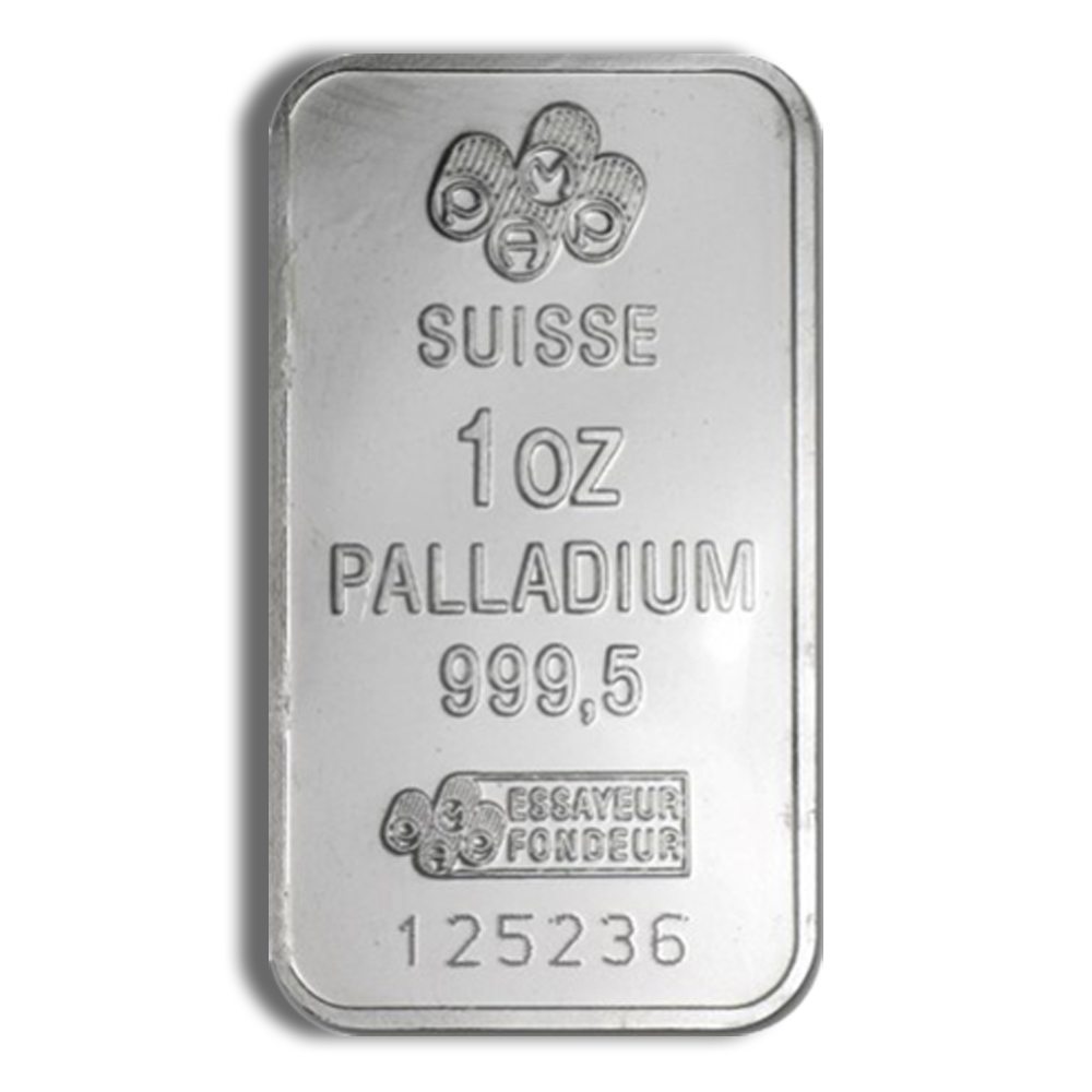 One-ounce palladium bar from Suisse, featuring a purity of 999.5, with the assay hallmark and serial number 125236. Ideal for investment and collection.