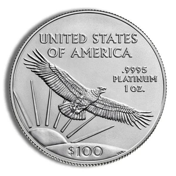 Platinum coin featuring an eagle in flight, inscribed with "United States of America," ".9995 Platinum," and "1 oz," with a denomination of $100.