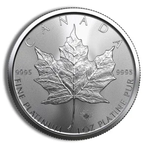 Platinum Canadian Maple Leaf coin featuring a detailed maple leaf design, marked with "9995" purity and "1 oz" weight, symbolizing Canada's national identity and high-quality bullion.