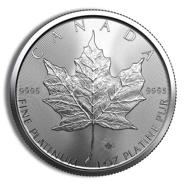Platinum Canadian Maple Leaf coin featuring a detailed maple leaf design, marked with "9995" purity and "1 oz" weight, symbolizing Canada's national identity and high-quality bullion.