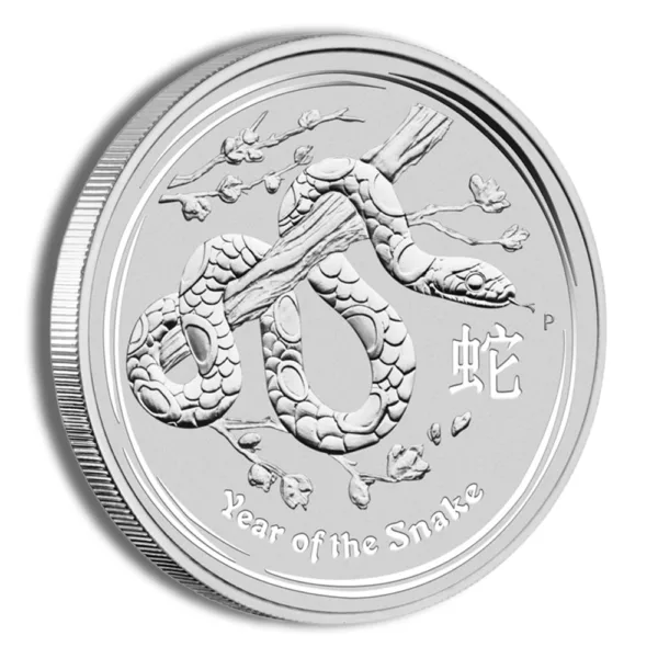 Silver coin featuring a snake design, symbolizing the Year of the Snake in the Chinese zodiac, with intricate detailing and Chinese characters.