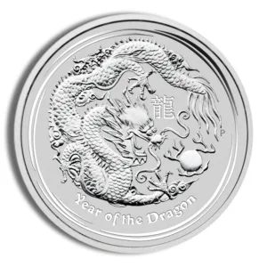 Silver coin featuring a detailed dragon design, symbolizing the Year of the Dragon in Chinese zodiac, with intricate engravings and a polished finish.