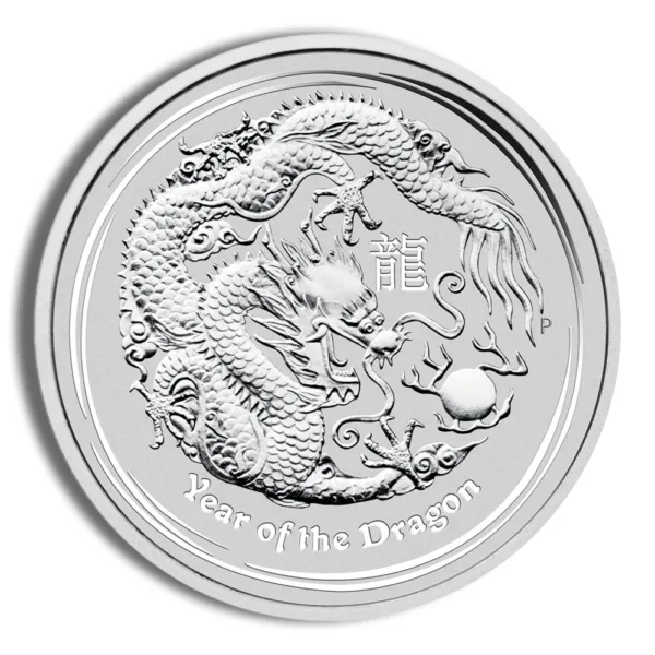 Silver coin featuring a detailed dragon design, symbolizing the Year of the Dragon in Chinese zodiac, with intricate engravings and a polished finish.