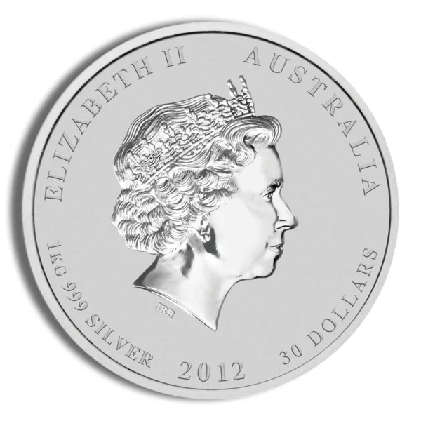 Silver coin featuring a profile of Queen Elizabeth II, minted in Australia in 2012, with a denomination of 10 dollars and a purity of 99.9% silver.