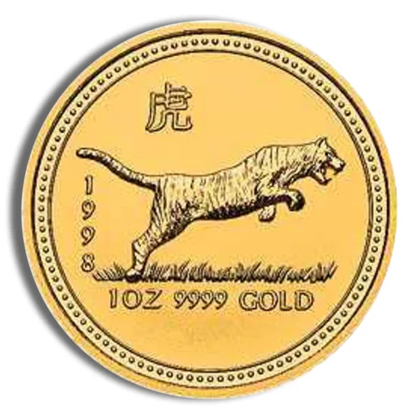 Gold coin featuring a leaping tiger design, minted in 1998, weighing 1 ounce with a purity of 999 gold.