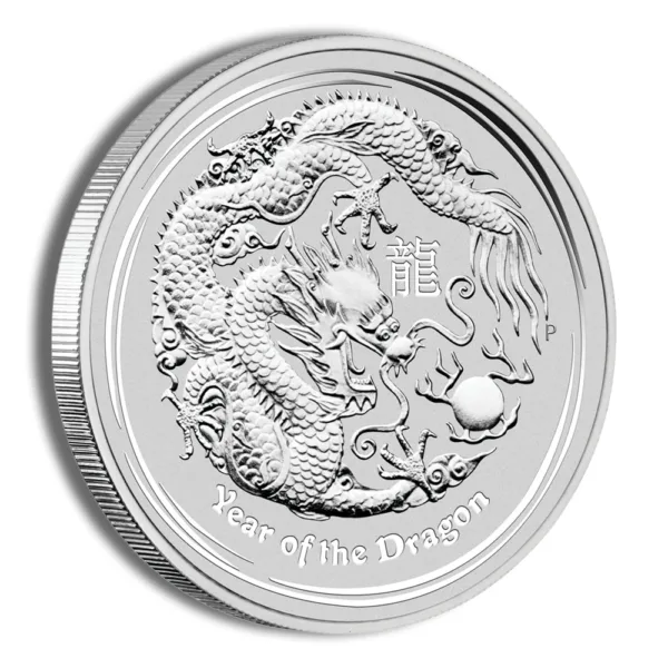 Silver coin featuring a detailed dragon design, symbolizing the Year of the Dragon in Chinese culture, with intricate engravings and a polished finish.