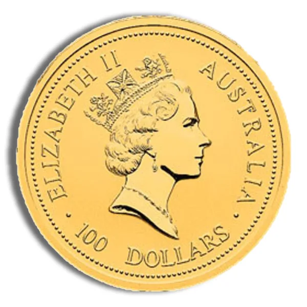 Gold coin featuring a profile of Queen Elizabeth II, marked with "100 DOLLARS" and "AUSTRALIA."