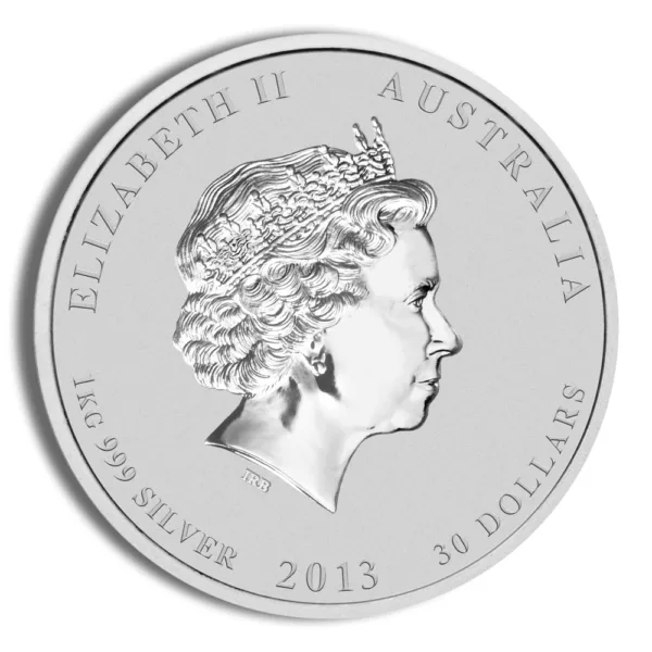 Silver coin featuring a profile of Queen Elizabeth II, minted in Australia in 2013, with a denomination of 1 ounce of .999 fine silver and marked with "34 dollars."