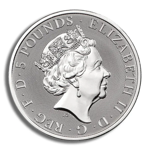 Silver coin featuring a profile of Queen Elizabeth II, inscribed with "5 Pounds" and "Elizabeth II," symbolizing British currency and monarchy.