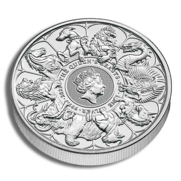 Silver coin featuring intricate designs, including a central portrait and various mythical creatures, showcasing detailed craftsmanship and commemorative significance.