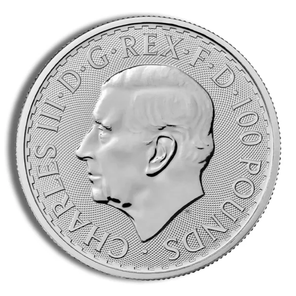 Silver coin featuring the profile of Charles III, inscribed with "CHARLES III D.G. REX F.D. 100 POUNDS" and decorative patterns, representing British currency.