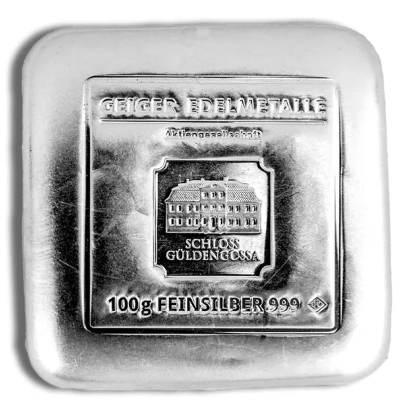 Silver bullion bar weighing 100 grams, marked with purity and manufacturer details, showcasing a shiny, rectangular design.