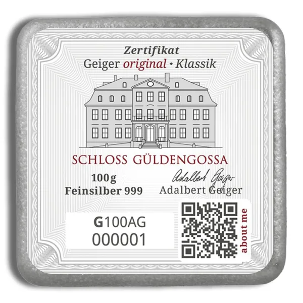 Silver bullion certificate for Schloss Goldengossa, featuring a 100g weight and 999 fine silver purity, with a QR code for verification.