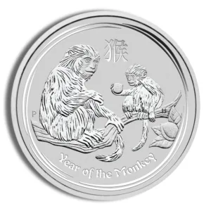 Silver coin featuring a detailed engraving of a monkey and its baby, symbolizing the Year of the Monkey in the Chinese zodiac.