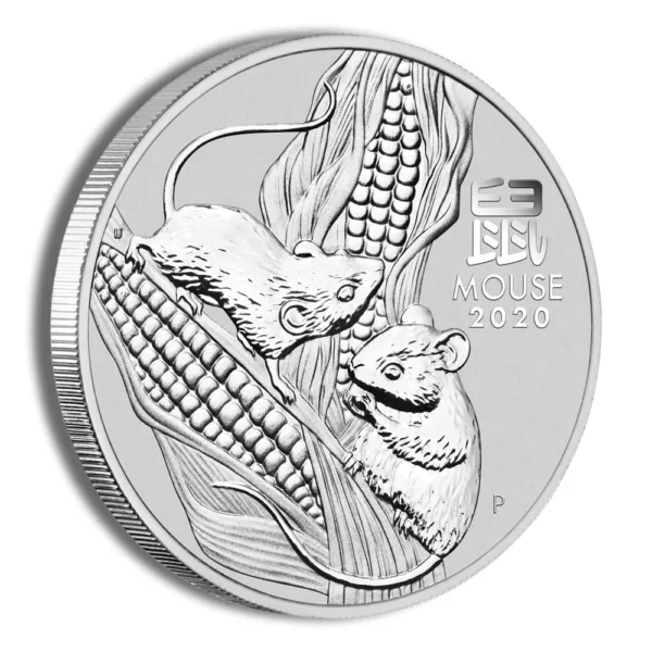Silver coin featuring two mice on a corn stalk, commemorating the Year of the Mouse 2020, with intricate detailing and the word "Mouse" inscribed.