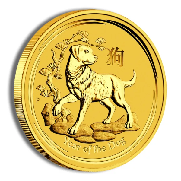 Gold coin featuring a dog design, symbolizing the Year of the Dog in the Chinese zodiac, with detailed engravings of a dog and floral elements.