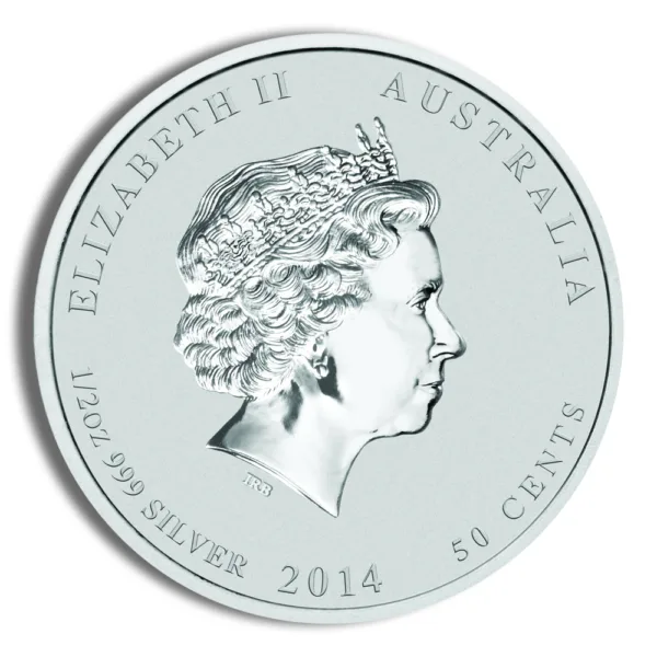 Silver coin featuring the profile of Queen Elizabeth II, issued in Australia in 2014, with a denomination of 50 cents and a purity of 99.9% silver.