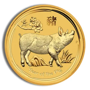 Gold coin featuring a pig design, symbolizing the Year of the Pig in the Chinese zodiac, with floral accents and traditional Chinese characters.