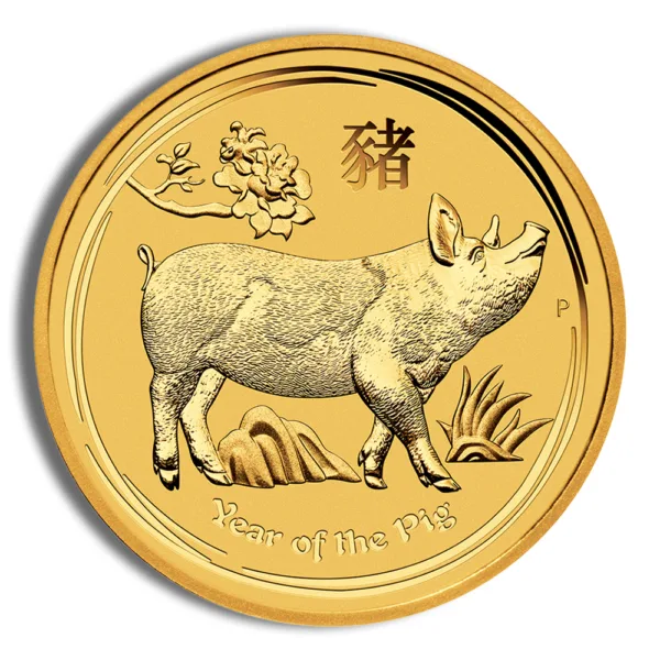 Gold coin featuring a pig design, symbolizing the Year of the Pig in the Chinese zodiac, with floral accents and traditional Chinese characters.