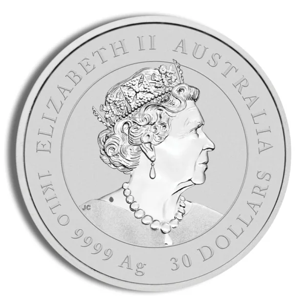 Silver coin featuring a profile of Queen Elizabeth II, inscribed with "Australia," "9999 Ag," and "30 Dollars." Ideal for collectors and investors in precious metals.