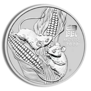 Silver coin featuring two mice and corn, representing the Year of the Rat in the Chinese zodiac, with intricate designs and details. Ideal for collectors and those interested in zodiac-themed currency.