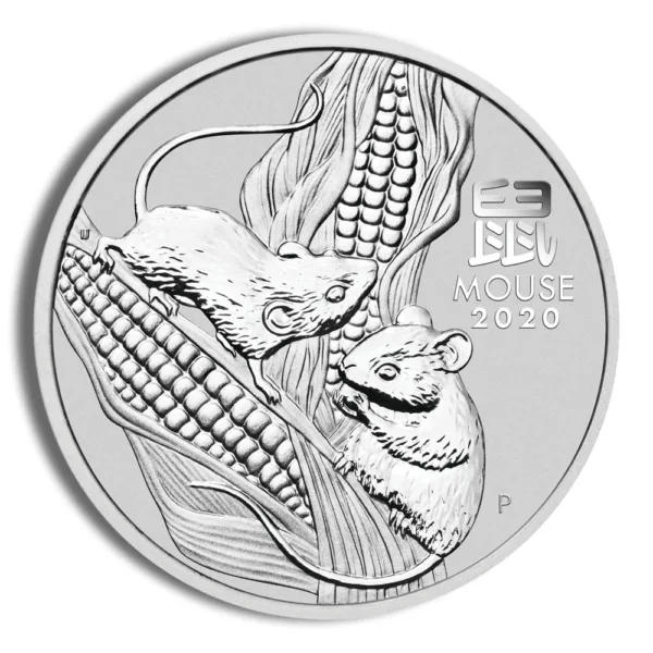 Silver coin featuring two mice and corn, representing the Year of the Rat in the Chinese zodiac, with intricate designs and details. Ideal for collectors and those interested in zodiac-themed currency.