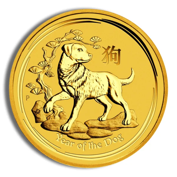 Gold coin featuring a Labrador dog design, symbolizing the Year of the Dog in the Chinese zodiac, with intricate details of a tree and rocks in the background.