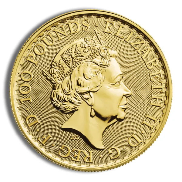 Gold coin featuring a profile of Queen Elizabeth II, inscribed with "100 POUNDS" and "ELIZABETH II," highlighting its collectible and investment value.