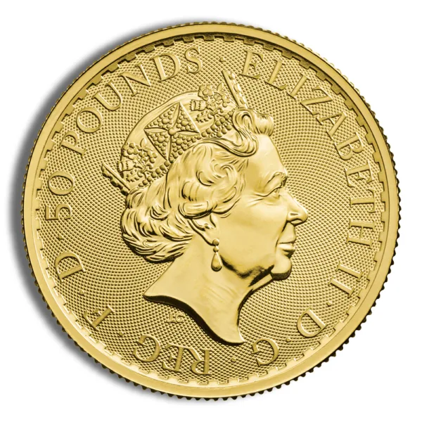 Gold coin featuring a profile of Queen Elizabeth II with the inscription "50 Pounds" and the year of minting, symbolizing British currency and numismatic value.