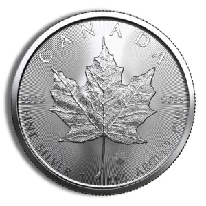 Silver Canadian Maple Leaf coin featuring a detailed maple leaf design, inscribed with "Canada" and "Fine Silver 1 oz Argent Pur." Ideal for collectors and investors in precious metals.