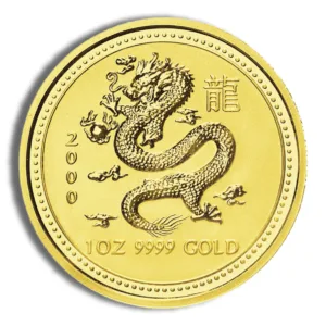 Gold coin featuring a dragon design, weighing 1 ounce and made of 999.9 fine gold, minted in the year 2000.