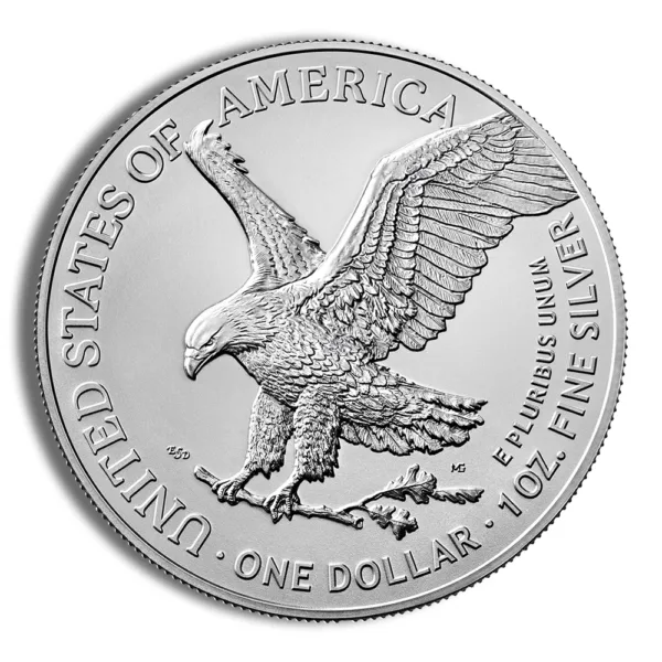 Silver American Eagle coin featuring a detailed design of a majestic eagle in flight, with inscriptions "United States of America," "One Dollar," and "1 oz. Fine Silver." Ideal for collectors and investors in precious metals.