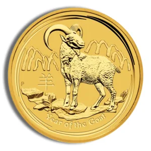 Gold coin featuring a detailed image of a goat, representing the Year of the Goat in the Chinese zodiac, with intricate designs and a shiny finish.