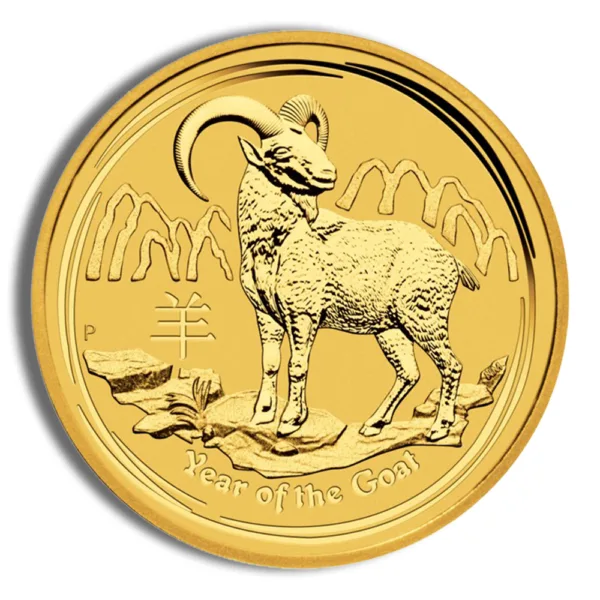 Gold coin featuring a detailed image of a goat, representing the Year of the Goat in the Chinese zodiac, with intricate designs and a shiny finish.
