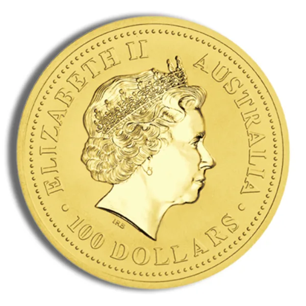 Gold coin featuring the profile of Queen Elizabeth II, issued by Australia, with a denomination of 100 dollars.