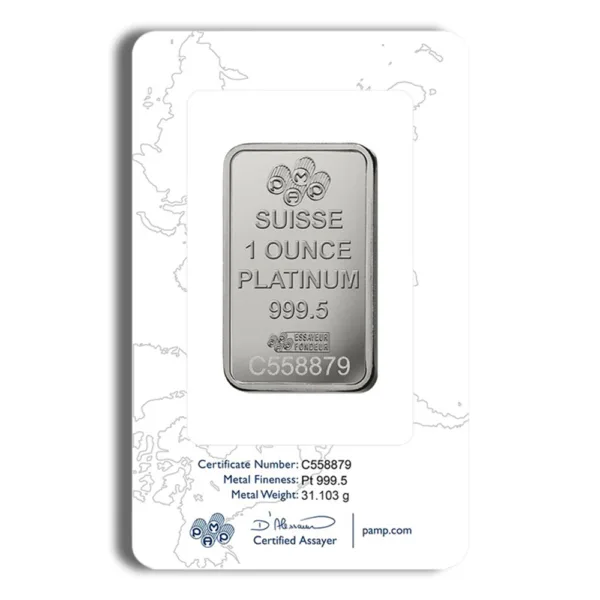 Platinum bullion bar from PAMP Suisse, weighing 1 ounce with a metal fineness of 999.5, accompanied by a certificate of authenticity featuring the certificate number C558879.