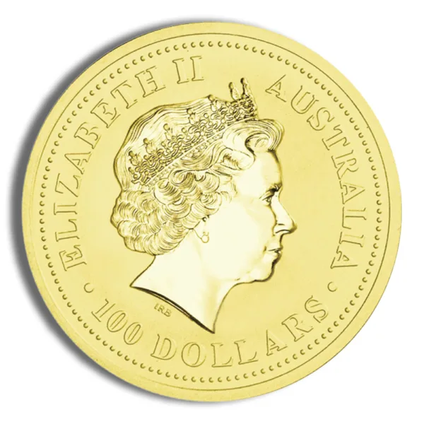 Gold coin featuring the profile of Queen Elizabeth II, labeled "Australia" and "100 Dollars."