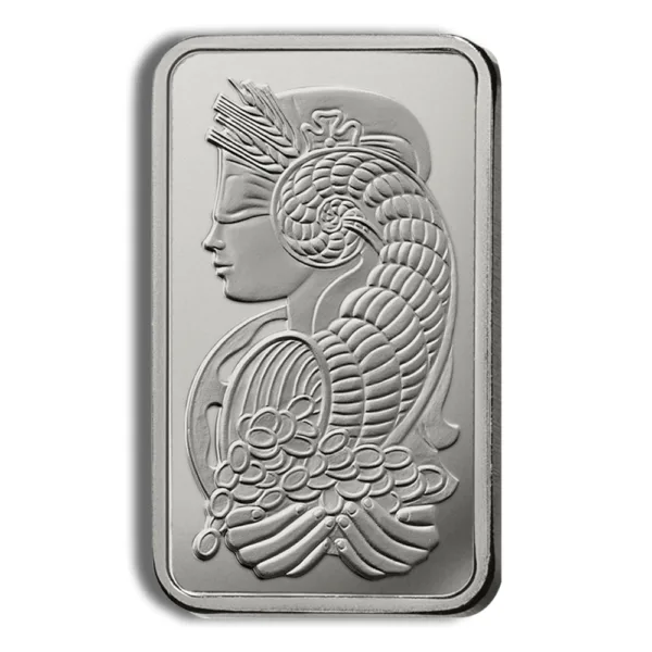 Silver bullion bar featuring an intricate design of a woman’s profile with flowing hair and decorative elements, symbolizing elegance and artistry in precious metal investing.