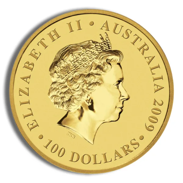Gold coin featuring a profile of Queen Elizabeth II, issued in Australia in 2009, with a denomination of 100 dollars.