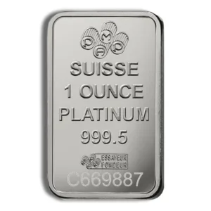 Platinum bullion bar weighing 1 ounce, marked "Suisse" with a purity of 999.5, featuring the logo of the mint and a unique serial number. Ideal for investment and collectors.