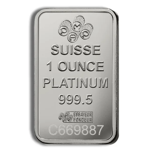 Platinum bullion bar weighing 1 ounce, marked "Suisse" with a purity of 999.5, featuring the logo of the mint and a unique serial number. Ideal for investment and collectors.