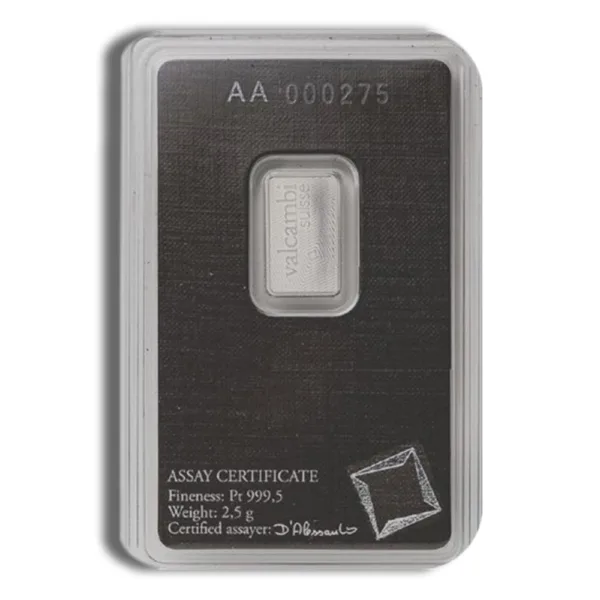 Platinum bullion bar from Valcambi Suisse, weighing 2.5 grams with a fineness of Pt 999.5, displayed in a protective assay certificate packaging.