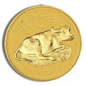 Gold coin featuring a reclining ox design, symbolizing the Year of the Ox in the Chinese zodiac, with intricate details and a polished finish.